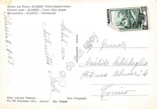 Cartolina Alassio Cappelletta Votiva barche a vela 1953 (Savona)