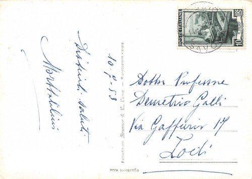 Cartolina Alassio Grand Hotel dal mare spiaggia pattino 1953 (Savona)