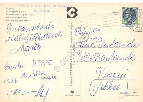 Cartolina Alassio Passeggiata a mare animata timbro Hotel Mediterranee 1980 | Immagine Gallery 2