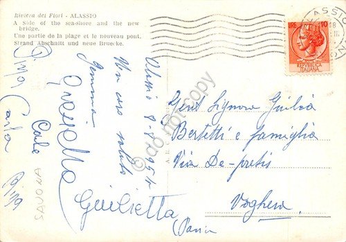 Cartolina Alassio Spiaggia ombrelloni animata Nuovo ponte 1954