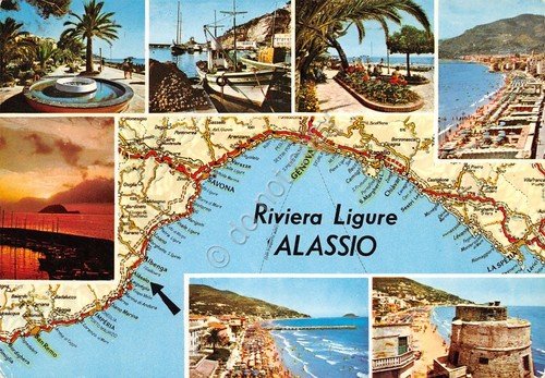 Cartolina Alassio vedute varie con mappa litorale 1976 (Savona)