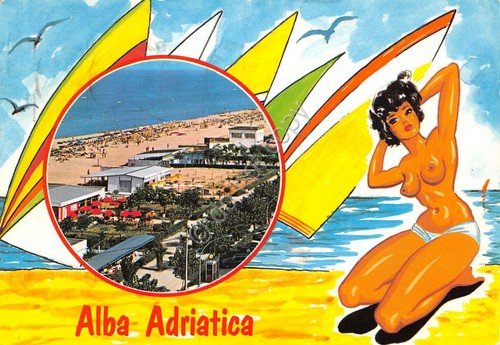 Cartolina Alba Adriatica veduta con Pin up illustrata (Teramo) | Immagine principale