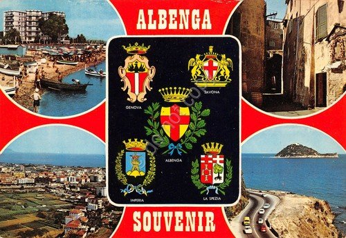 Cartolina Albenga 4 vedute stemma panorama paese (Savona)