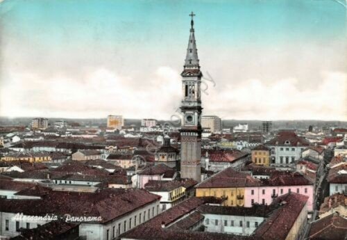 Cartolina Alessandria panorama colorata Timbro PT 1961