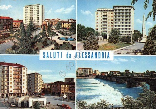 Cartolina Alessandria vedute varie della città Timbro PT 1963