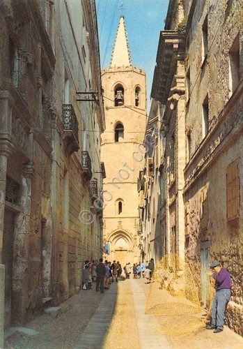 Cartolina Alghero Catalana Campanile Aragonese viottolo animata