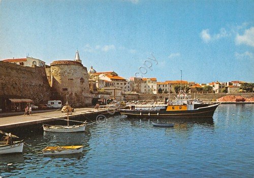 Cartolina Alghero porto barche Torre Garibaldi