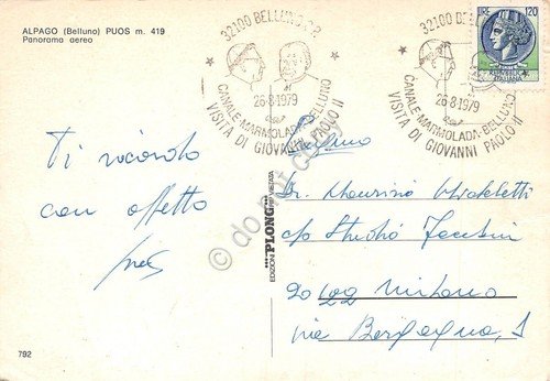 Cartolina Alpago Panorama aereo 1979 Timbro filatelico (Belluno)