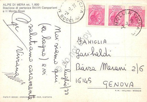 Cartolina Alpe di Mera Skilift Camparient e Monte Rosa 1977