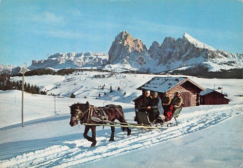 Cartolina Alpe di Siusi Sassolungo 1988 slitta con cavallo animata … | Immagine principale