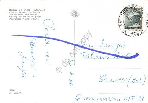 Cartolina Andora campo da tennis e spiaggia 1966