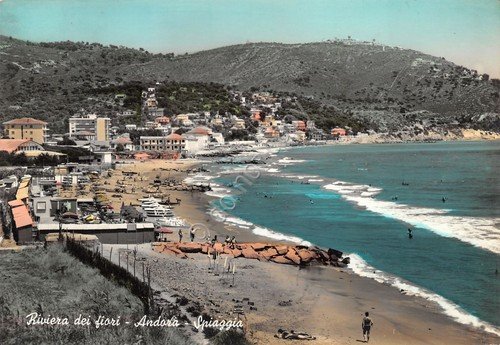 Cartolina Andora spiaggia colorata 1962