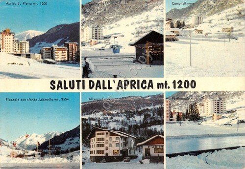 Cartolina Aprica 6 vedute panorama albergo pattinaggio (Sondrio)