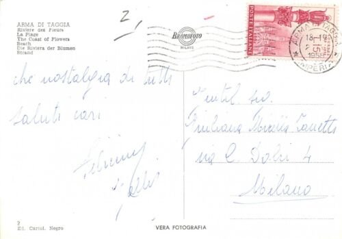 Cartolina Arma di Taggia Panorama parziale e spiaggia 1958