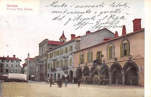 Cartolina Arona Piazza V. Emanuele animata carro 1900 circa | Immagine principale