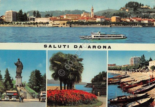 Cartolina Arona vedute varie città e battello | Immagine principale