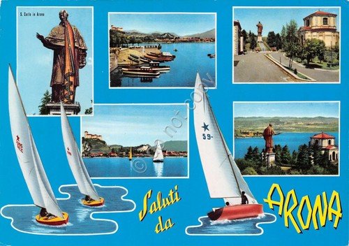 Cartolina Arona vedute varie e Statua S. Carlo (Novara)
