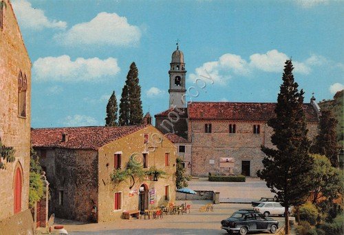 Cartolina Arquà Petrarca Chiesa parrocchiale bar auto anni '80