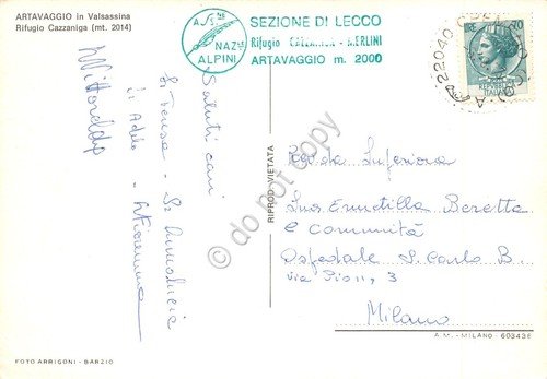 Cartolina Artavaggio Valsassina Rifugio Cazzaniga timbro Ass Naz Alpini timbro