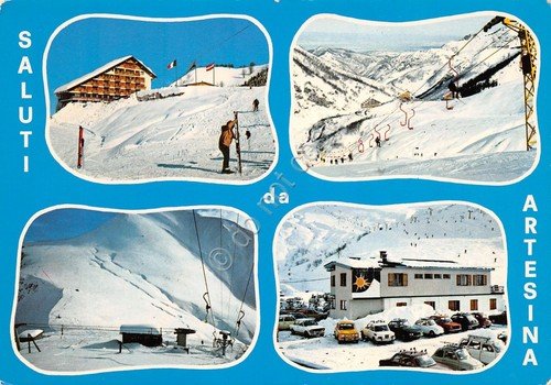Cartolina Artesina vedute sci sciatori parcheggio 1975 (Cuneo)