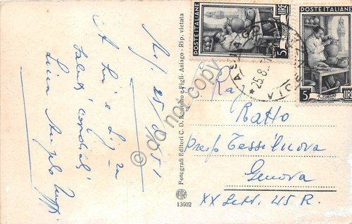 Cartolina Asiago Piazza Carli Viale Trento e Trieste 1951