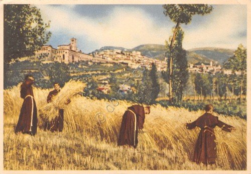 Cartolina Assisi frati al lavoro nei campi | Immagine principale