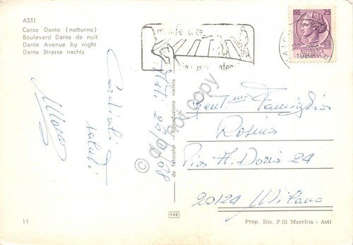 Cartolina Asti Corso Dante notturno 1968 segnata