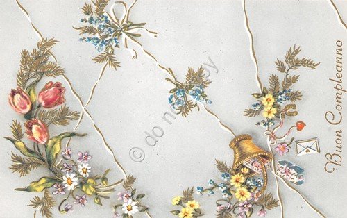 Cartolina Augurale Buon Compleanno in rilievo con fiori e nastri …