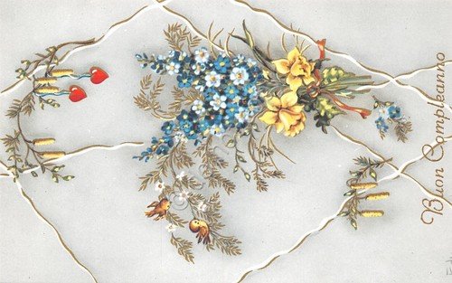 Cartolina Augurale Buon Compleanno in rilievo con fiori e oro …
