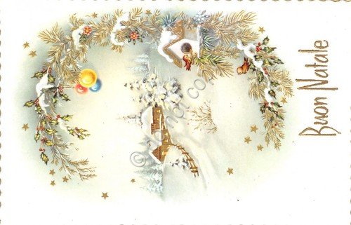 Cartolina Augurale Buon Natale neve case agrifoglio bordo oro 3 …