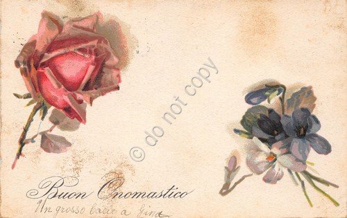 Cartolina Augurale Buon Onomastico rosa violette 1927 macchie ingiallimento | Immagine principale