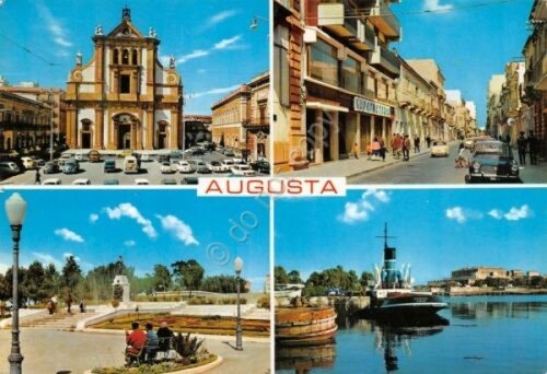 Cartolina Augusta vedute 1958 supermercato chiesa giardini porto | Immagine principale