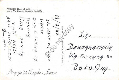 Cartolina Auronzo Panorama Tre Cime di Lavaredo 1952 (Belluno)