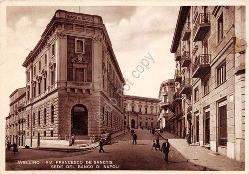 Cartolina Avellino Via De Sanctis Banco di Napoli animata 1942