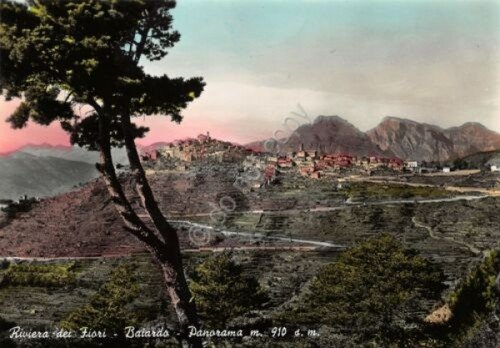 Cartolina Baiardo Panorama colorata poesia E. Moraglia al retro