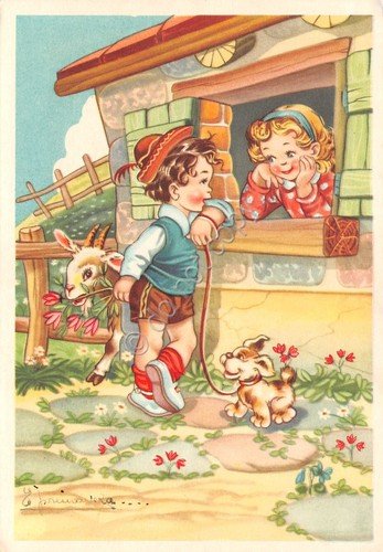 Cartolina Bambini innamorati Brichetto e Trappola cane capra fiori 1955