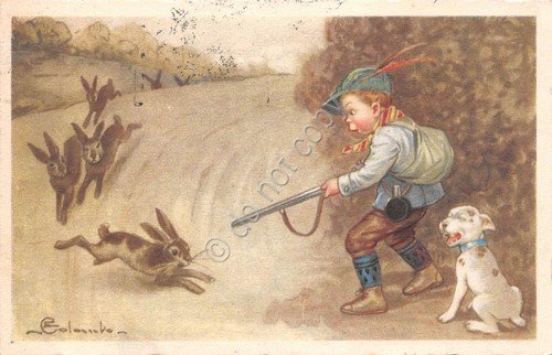 Cartolina Bambino cacciatore fucile cane caccia coniglio 1934 illustrata Colombo | Immagine principale