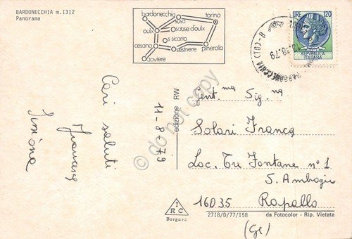 Cartolina Bardonecchia panorama con strada 1979