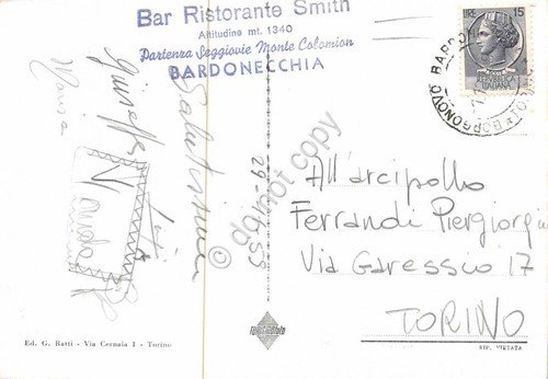 Cartolina Bardonecchia vedute stazione panorama lago Timbro Ristorante Smith '59