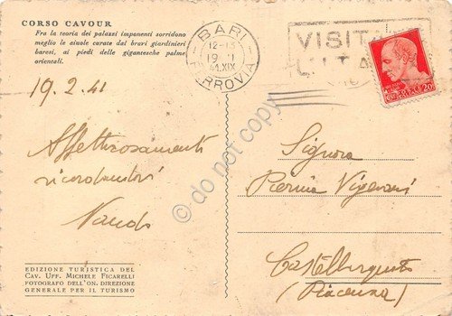 Cartolina Bari Corso Cavour animata auto d'epoca 1941 sporca