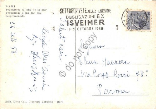 Cartolina Bari Lungomare 1958