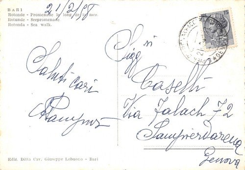 Cartolina Bari Rotonda Lungomare 1958