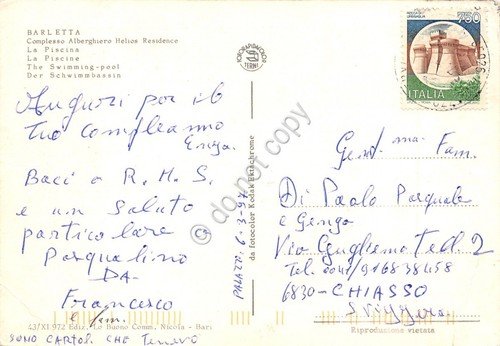 Cartolina Barletta Albergo Helios Residence piscina 1997 (Bari)