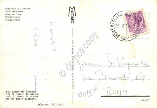 Cartolina Bassano del Grappa Viale delle Fosse auto d'epoca 1959