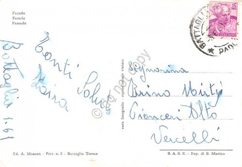 Cartolina Battaglia Terme INPS facciata 1961
