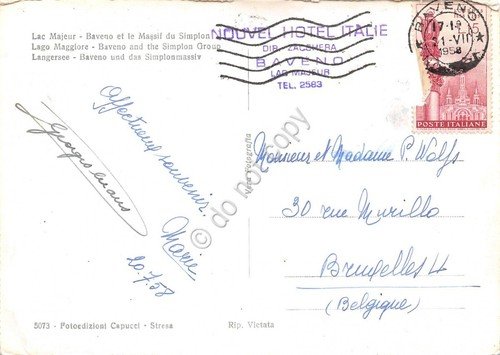 Cartolina Baveno panorama Gruppo del Sempione 1958 Timbro Hotel Italie