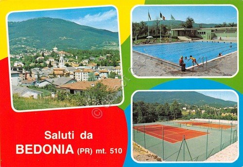 Cartolina Bedonia 3 vedute piscina tennis panorama (Parma) | Immagine principale