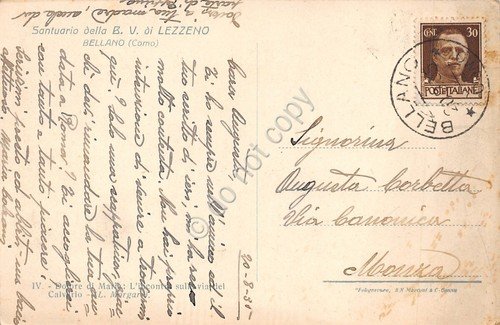 Cartolina Bellano Santuario di Lezzeno Dolore di Maria 1935 (Como)