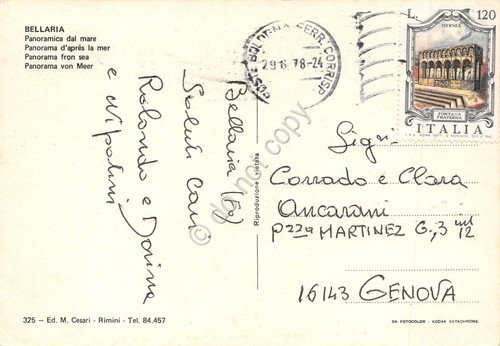 Cartolina Bellaria panorama dal mare porticciolo in pietra 1978