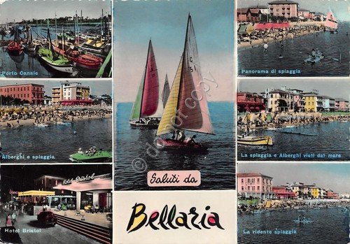 Cartolina Bellaria vedute varie alberghi spiaggia barca a vela colorata … | Immagine principale
